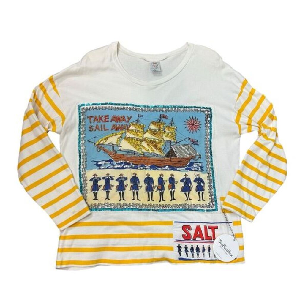 NWT Vintage True Blue Bird shirt Womens White Yellow Striped Take Away Sail Away